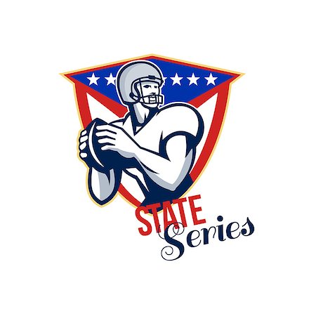 simsearch:400-05331205,k - Illustration of an american football gridiron quarterback player throwing ball facing side set inside crest shield with stars and stripes flag done in retro style with words State Series. Foto de stock - Royalty-Free Super Valor e Assinatura, Número: 400-07325330