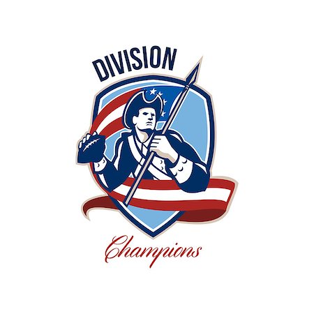 simsearch:400-05331205,k - Illustration of an american patriot soldier football gridiron quarterback passing ball facing side carrying stars and stripes flag set inside crest shield done in retro style with words Division Champions. Foto de stock - Royalty-Free Super Valor e Assinatura, Número: 400-07325343