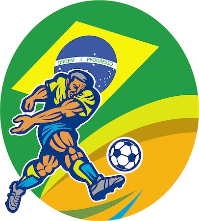 simsearch:400-05331205,k - Illustration of a Brazil football player kicking soccer ball with Brazilian flag in background set inside oval done in retro style. Foto de stock - Royalty-Free Super Valor e Assinatura, Número: 400-07325528