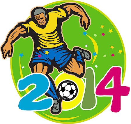 simsearch:400-05331205,k - Illustration of a Brazil football player kicking soccer ball in oval background with numbers 2014 done in retro style. Foto de stock - Royalty-Free Super Valor e Assinatura, Número: 400-07325531