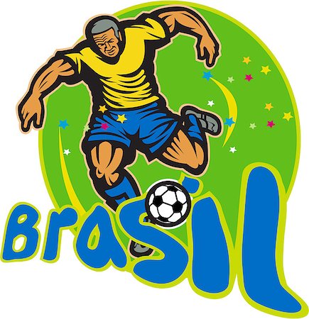 simsearch:400-05331205,k - Illustration of a Brazil football player kicking soccer ball in round background with words Brasil done in retro style. Foto de stock - Royalty-Free Super Valor e Assinatura, Número: 400-07325532