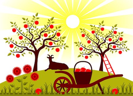 simsearch:400-07245996,k - vector hand barrow with basket of apples and resting goat in garden, Adobe Illustrator 8 format Stock Photo - Budget Royalty-Free & Subscription, Code: 400-07326782