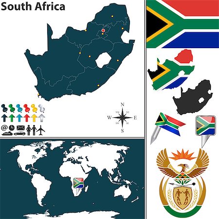 simsearch:400-08775852,k - Vector map of South Africa with regions, coat of arms and location on world map Photographie de stock - Aubaine LD & Abonnement, Code: 400-07326863
