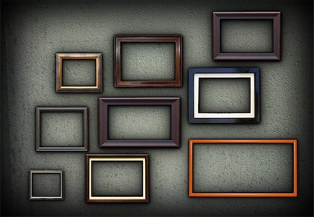 framed art on wall - green grungy wall full of wooden picture frames for your design Stock Photo - Budget Royalty-Free & Subscription, Code: 400-07327303