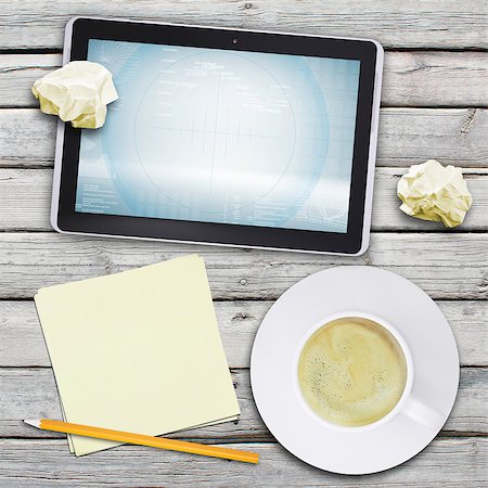 Tablet pc and coffee cup on old wooden boards. Computer technology concept Stock Photo - Budget Royalty-Free & Subscription, Code: 400-07327930