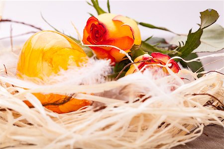 simsearch:400-07921731,k - Vivid orange Easter egg with a painted marble pattern nestling in a straw nest with a fresh gerbera daisy and rose to celebrate Easter and spring Stock Photo - Budget Royalty-Free & Subscription, Code: 400-07328461