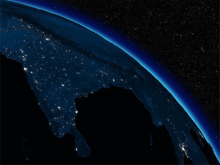 simsearch:400-08371074,k - Indian subcontinent at night on planet Earth viewed from space. Highly detailed planet surface with city lights. Elements of this image furnished by NASA. Fotografie stock - Microstock e Abbonamento, Codice: 400-07329016
