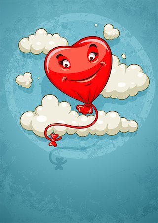 Red heart baloon flying among clouds retro card. Eps10 vector illustration on grunge retro background Stock Photo - Budget Royalty-Free & Subscription, Code: 400-07329340
