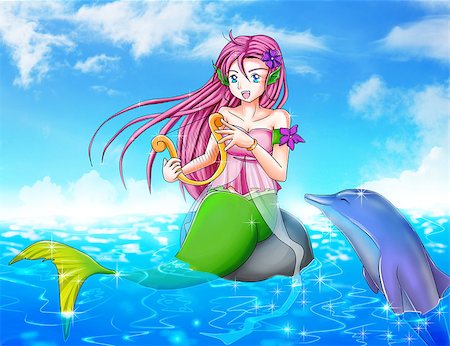 simsearch:400-05898862,k - Cartoon illustration of a mermaid with a dolphin Stock Photo - Budget Royalty-Free & Subscription, Code: 400-07320587