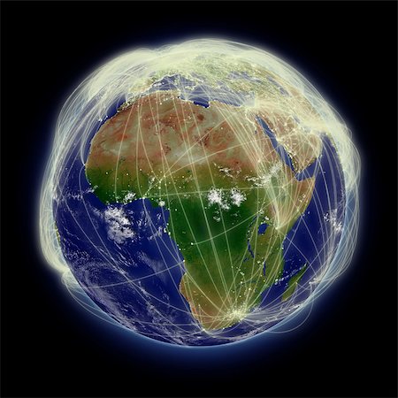 simsearch:400-05285300,k - Network of flight paths over Africa on blue planet Earth isolated on black background. Highly detailed planet surface. Elements of this image furnished by NASA. Stock Photo - Budget Royalty-Free & Subscription, Code: 400-07320616