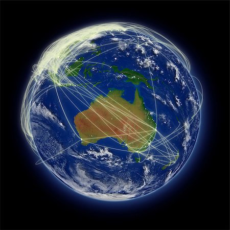 simsearch:400-05285300,k - Network of flight paths over Australia on blue planet Earth isolated on black background. Highly detailed planet surface. Elements of this image furnished by NASA. Stock Photo - Budget Royalty-Free & Subscription, Code: 400-07320622