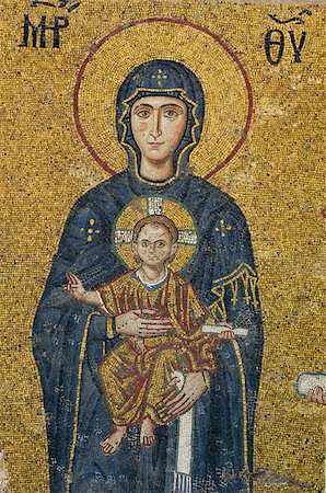 This is fragment of decoration in Hagia Sophia, Istanbul, Turkey. Virgin Mother and Child (Theotokos) are pictured on the apse mosaics. Stock Photo - Budget Royalty-Free & Subscription, Code: 400-07321239