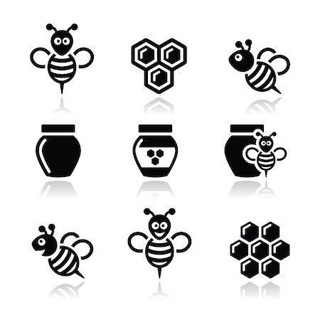 Bee, honeycomb icons set with reflection isolated on white Stock Photo - Budget Royalty-Free & Subscription, Code: 400-07321502