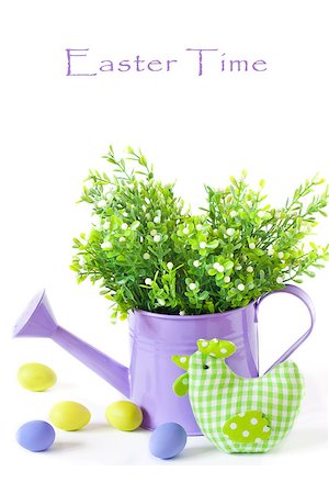 simsearch:400-07406705,k - Easter decorations with green handmade chicken, colorful eggs  and watering can. Foto de stock - Super Valor sin royalties y Suscripción, Código: 400-07321604