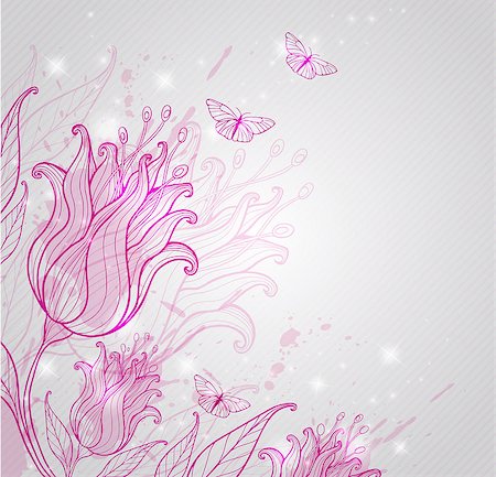 simsearch:400-08132574,k - Decorative vector background with pink tulips and butterflies Stockbilder - Microstock & Abonnement, Bildnummer: 400-07321710