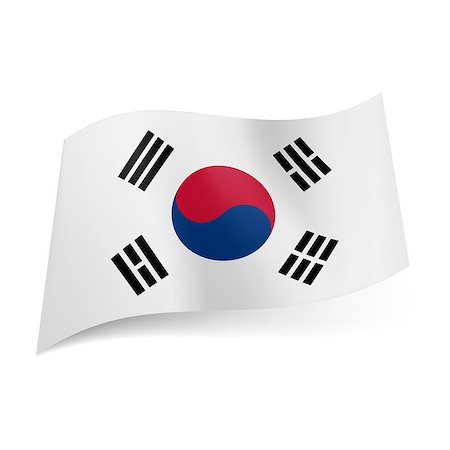 National flag of South Korea: blue and red yin and yang symbol with four black trigrams on white background Stock Photo - Budget Royalty-Free & Subscription, Code: 400-07321845