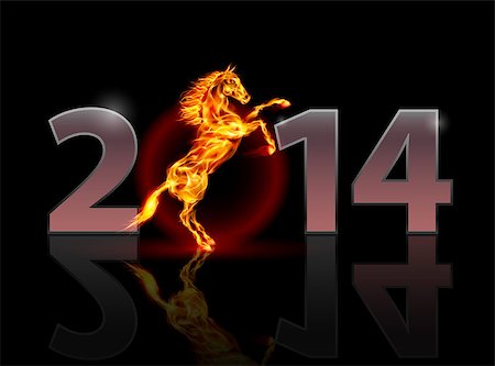 simsearch:400-07252708,k - New Year 2014: metal numerals with fire horse. Illustration on black background. Foto de stock - Super Valor sin royalties y Suscripción, Código: 400-07321840