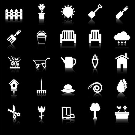 shovel in dirt - Gardening icons with reflect on black background, stock vector Stock Photo - Budget Royalty-Free & Subscription, Code: 400-07322429