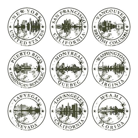 Grunge rubber stamps with New York, San Francisco, Vancouver, Puerto Rico, Montreal, Washington, Las Vegas, Los Angeles and Miami - vector illustration Stock Photo - Budget Royalty-Free & Subscription, Code: 400-07322742