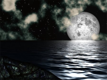 dreamy starry night - Night sky with full moon and his reflection in the sea Stock Photo - Budget Royalty-Free & Subscription, Code: 400-07323263