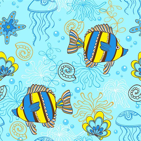 simsearch:400-04393429,k - Vector marine seamless pattern with fishes and shells Stockbilder - Microstock & Abonnement, Bildnummer: 400-07323630