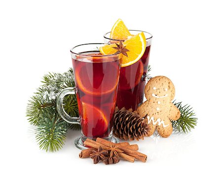 Christmas mulled wine with spices and snowy fir tree. Isolated on white background Stock Photo - Budget Royalty-Free & Subscription, Code: 400-07323799