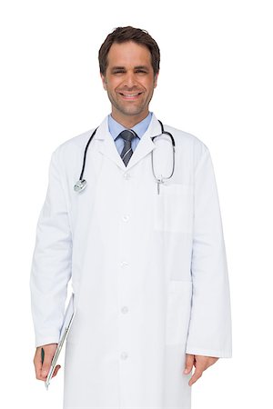 simsearch:400-04217553,k - Happy doctor smiling at camera holding clipboard on white background Foto de stock - Royalty-Free Super Valor e Assinatura, Número: 400-07337431