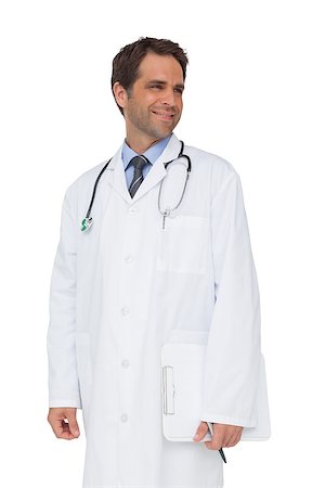 simsearch:400-04217553,k - Happy doctor smiling and holding clipboard on white background Foto de stock - Royalty-Free Super Valor e Assinatura, Número: 400-07337432