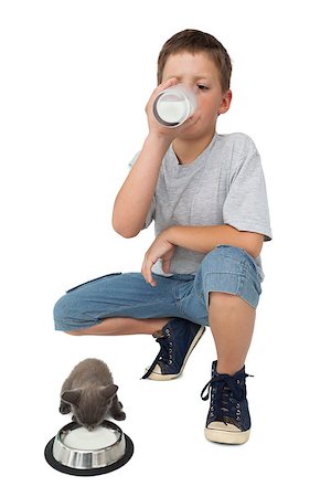 Cute little boy and grey kitten both drinking milk on white background Stock Photo - Budget Royalty-Free & Subscription, Code: 400-07337524