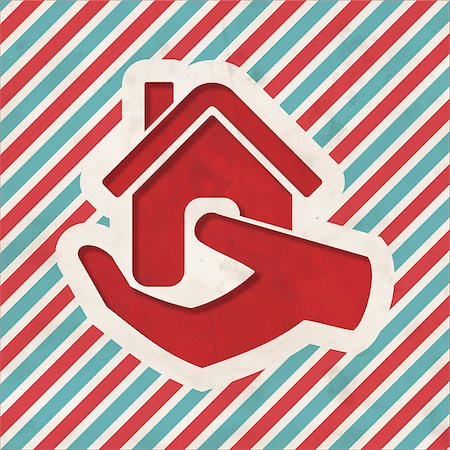 simsearch:400-08955759,k - Home in Hand Icon on Red and Blue Striped Background. Vintage Concept in Flat Design. Photographie de stock - Aubaine LD & Abonnement, Code: 400-07338039