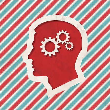 simsearch:400-07472751,k - Psychological Concept - Profile of Head with Cogwheel Gear Mechanism - on Red and Blue Striped Background. Vintage Concept in Flat Design. Stock Photo - Budget Royalty-Free & Subscription, Code: 400-07338047