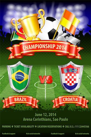 simsearch:400-08955612,k - Soccer Poster World Championship 2014 Brazil with Shields, Ball, Ribbon, Cup, Fans and Flags, vector Stockbilder - Microstock & Abonnement, Bildnummer: 400-07338138