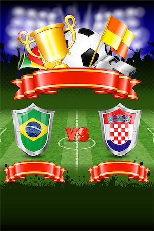 simsearch:400-08955612,k - Soccer Poster World Championship 2014 Brazil with Shields, Ball, Ribbon, Cup, Fans and Flags, vector Stockbilder - Microstock & Abonnement, Bildnummer: 400-07338139