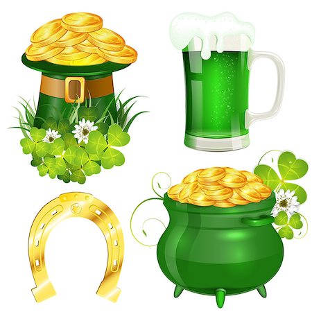 simsearch:400-04167000,k - St. Patrick Day Symbols with Hat, Gold Coins, Clover Leaf, Pot, Horseshoe and Glass of Beer, vector isolated on white background Foto de stock - Super Valor sin royalties y Suscripción, Código: 400-07338144