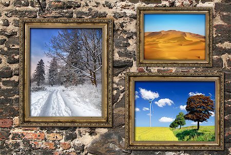 simsearch:400-06569887,k - Wooden frames with beautiful landscapes over ruined brick wall Fotografie stock - Microstock e Abbonamento, Codice: 400-07338447