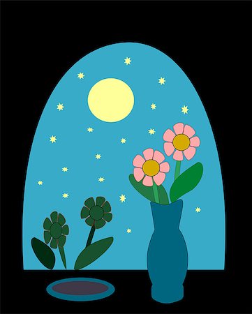 flowers in moonlight - Night sky with moon and stars as seen from a window with a vase of flowers. Stock Photo - Budget Royalty-Free & Subscription, Code: 400-07338525