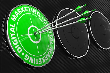 Digital Marketing Concept. Three Arrows Hitting the Center of Green Target on Black Background. Stock Photo - Budget Royalty-Free & Subscription, Code: 400-07338698