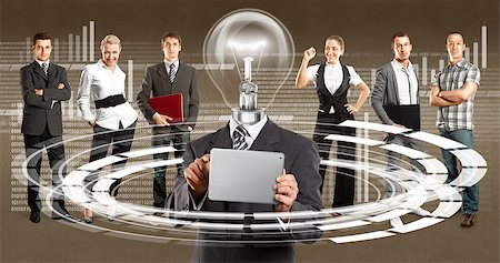 Idea cyber space concept. Lamp Head and Business team against different backgrounds Stock Photo - Budget Royalty-Free & Subscription, Code: 400-07338993