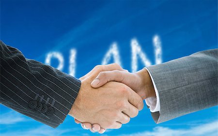 simsearch:400-07339626,k - Composite image of business handshake against plan written in white in sky Stock Photo - Budget Royalty-Free & Subscription, Code: 400-07339555