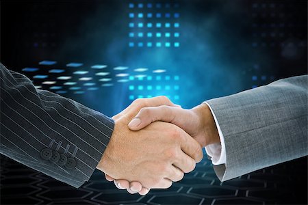 simsearch:400-07339626,k - Composite image of business handshake against technical background with squares and hexagon pattern Stock Photo - Budget Royalty-Free & Subscription, Code: 400-07339566