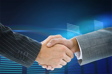 simsearch:400-07339626,k - Composite image of business handshake against glowing blue bar chart on black background Stock Photo - Budget Royalty-Free & Subscription, Code: 400-07339560
