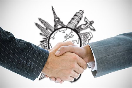 simsearch:400-07339684,k - Composite image of business handshake against earth doodle with famous landmarks Stock Photo - Budget Royalty-Free & Subscription, Code: 400-07339570