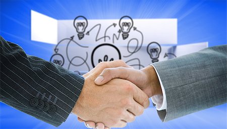 simsearch:400-07339626,k - Composite image of business handshake against light bulb doodles on blue background Stock Photo - Budget Royalty-Free & Subscription, Code: 400-07339583