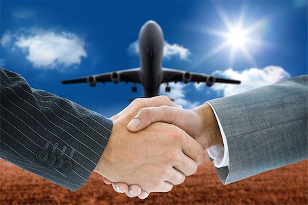 simsearch:400-05188363,k - Composite image of business handshake against 3d plane taking off over field Stock Photo - Budget Royalty-Free & Subscription, Code: 400-07339593