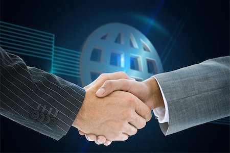 simsearch:400-07339626,k - Composite image of business handshake against shiny globe on black background Stock Photo - Budget Royalty-Free & Subscription, Code: 400-07339635