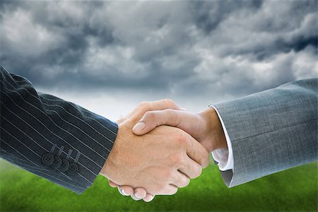 Composite image of business handshake against grey sky and grass Stock Photo - Budget Royalty-Free & Subscription, Code: 400-07339645