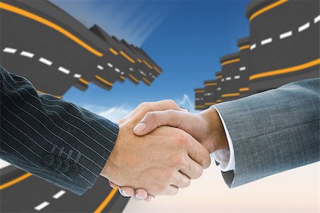 simsearch:400-07339684,k - Composite image of business handshake against bumpy roads in the sky Stock Photo - Budget Royalty-Free & Subscription, Code: 400-07339677