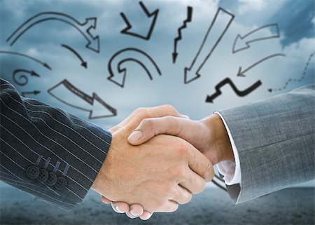 simsearch:400-07339684,k - Composite image of business handshake against arrows in cloudy landscape Stock Photo - Budget Royalty-Free & Subscription, Code: 400-07339711