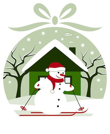 santa claus ski - vector christmas ball with snowman skier in snowy garden, Adobe Illustrator 8 format Foto de stock - Super Valor sin royalties y Suscripción, Código: 400-07330047