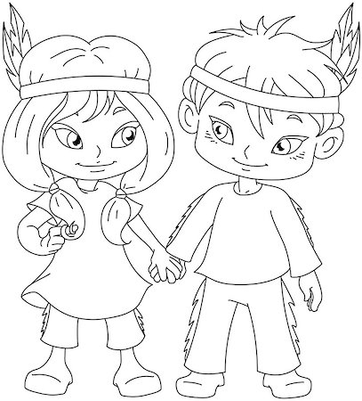 simsearch:400-07332399,k - Vector illustration coloring page of children dressed as Indians and holding hands for Thanksgiving or Halloween. Stock Photo - Budget Royalty-Free & Subscription, Code: 400-07330811